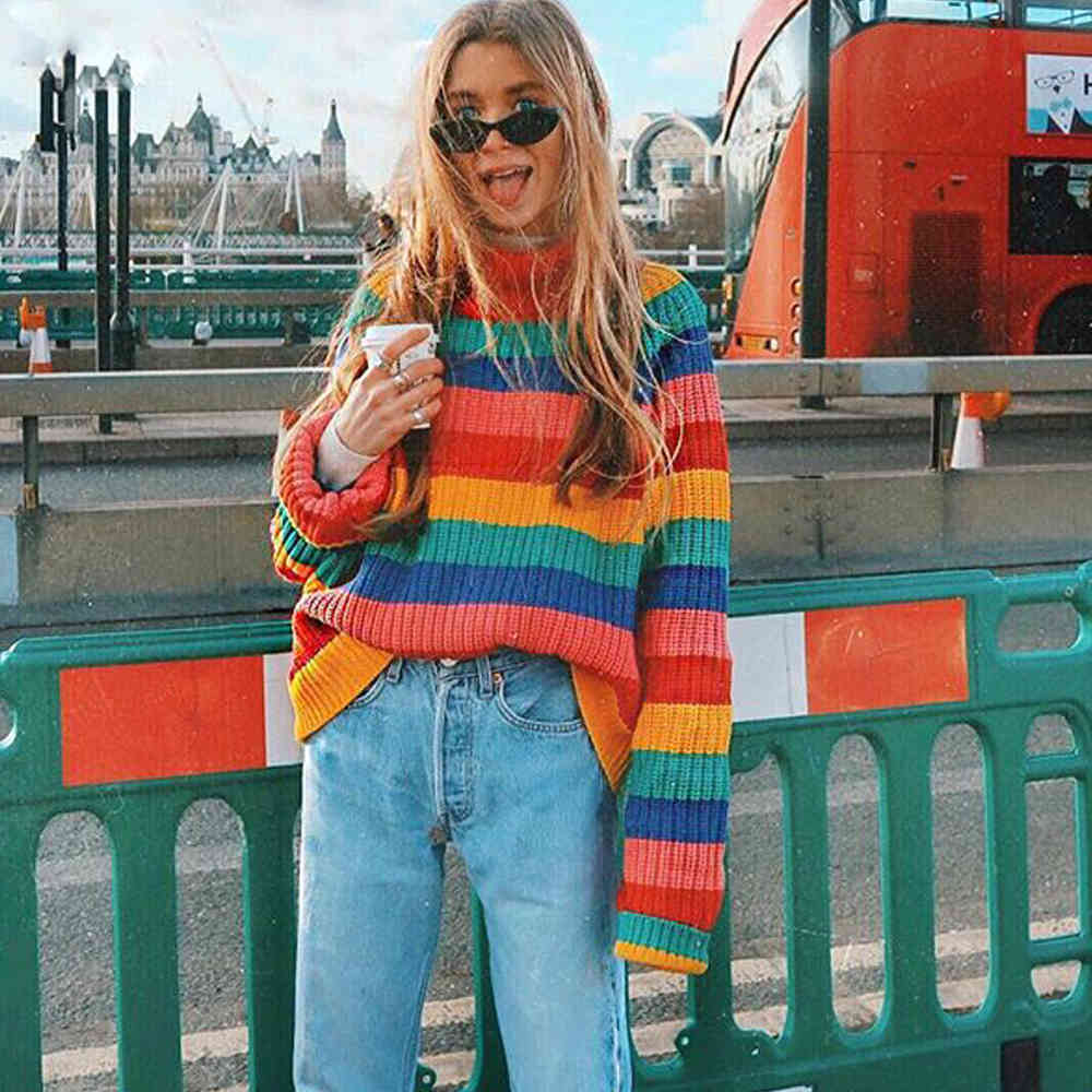 Rainbow Turtleneck Sweaters Women Winter Jumpers Knitted Clothes Fashion Striped Oversized Pullover Female 210428