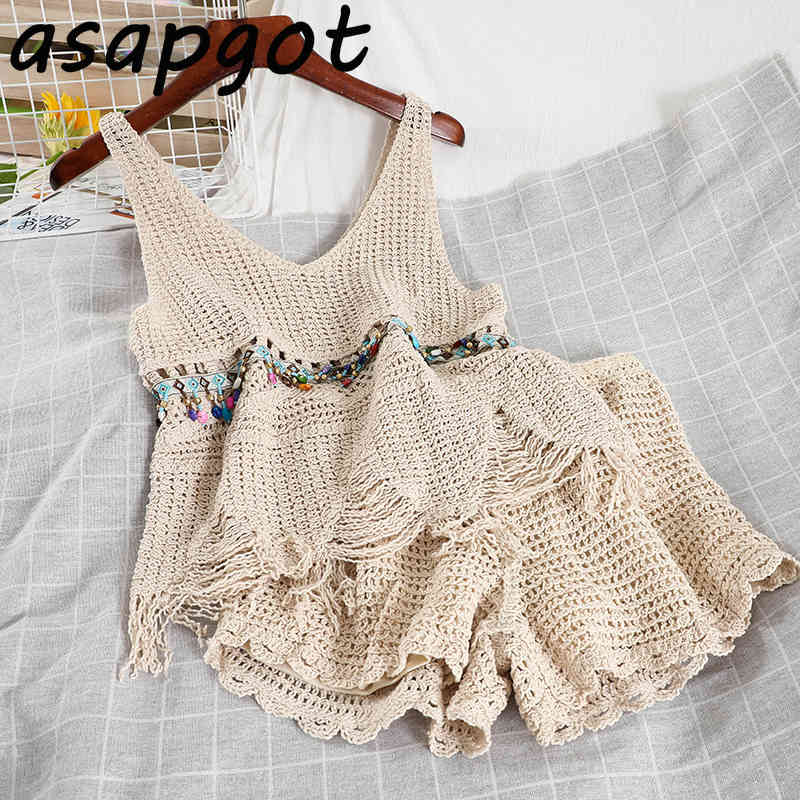 Fashion Matching Sets Vintage V Neck Sleeveless Hollow Out Tassel Camisole Tops Short + Wide Leg Shorts Casual Indie Folk 210429
