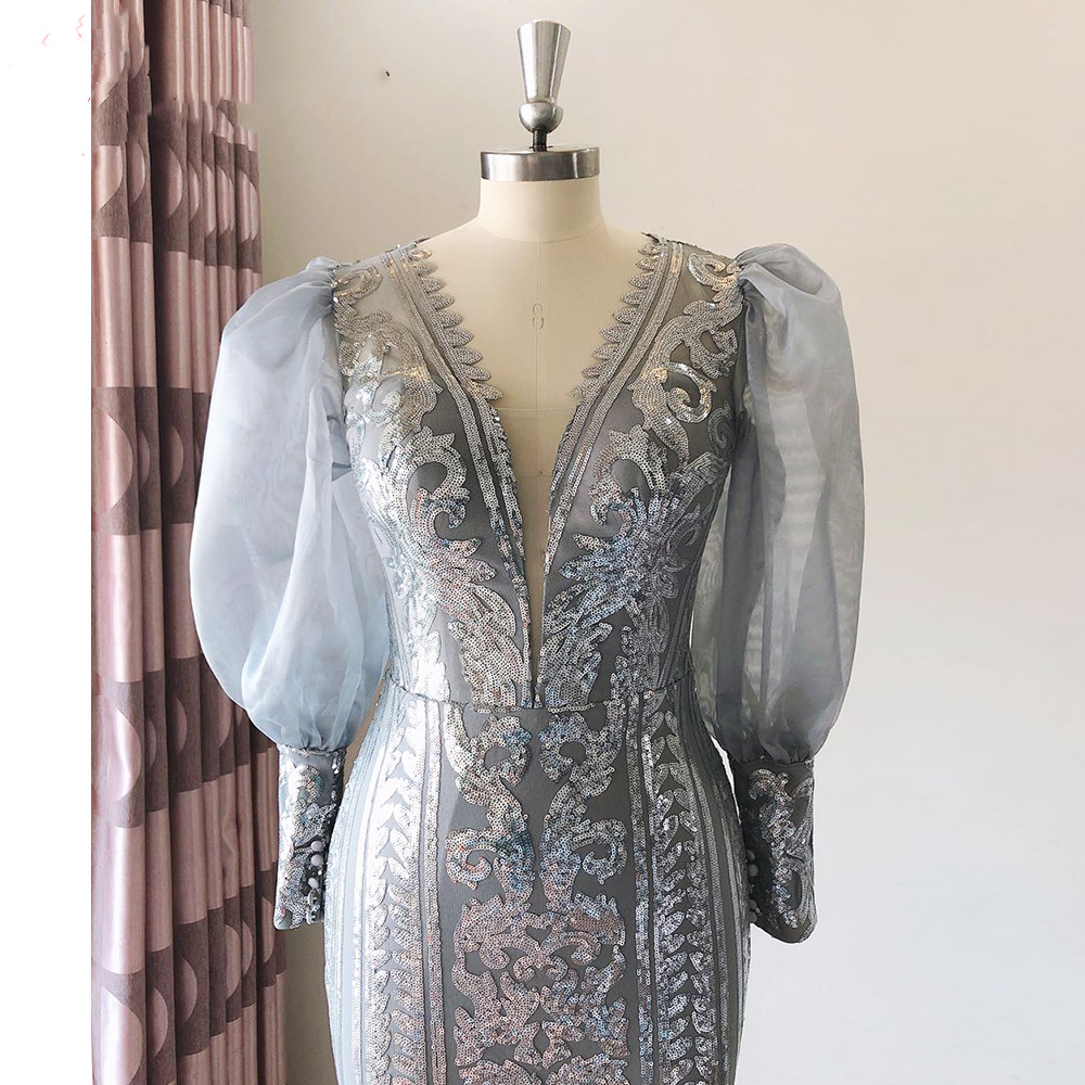 Classic Mermaid Evening Dresses With Deep V-neck Long-sleeves Applique Race Formal Party Prom Dress For Arabic Women Vestidos De Novia