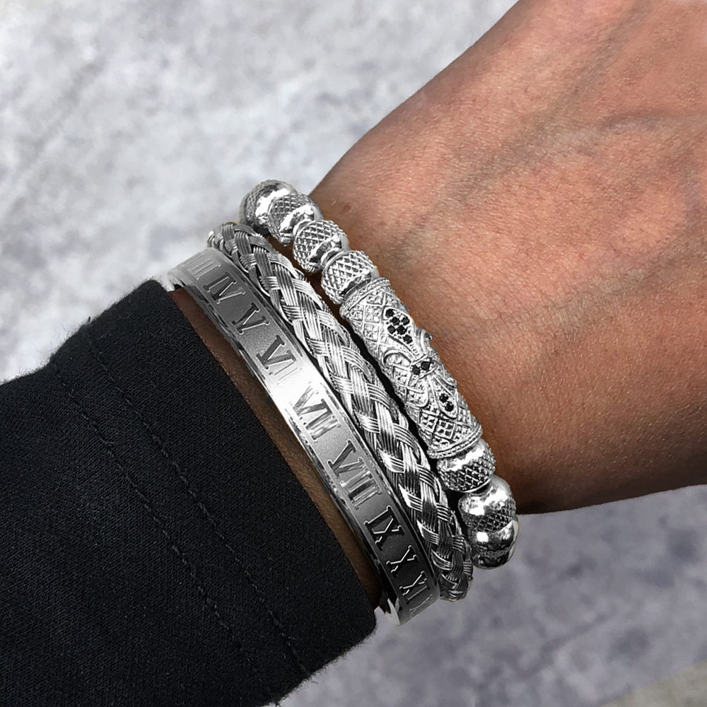 3pcs Luxury Roman Royal Short Tube Charm Bracelet Men Stainless Steel Geometry Pulseiras Men Open Adjustable Bracelets Couple Jewelry