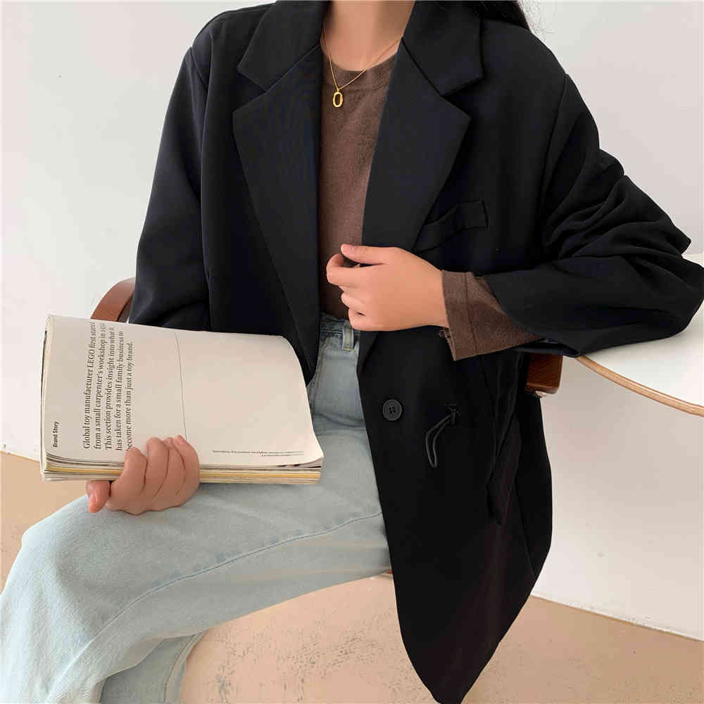 OL Notched Vintage Solid Drawstring Waist Blazer Jacket Autumn Winter Formal Women Blazers Suit Coat Female 210421