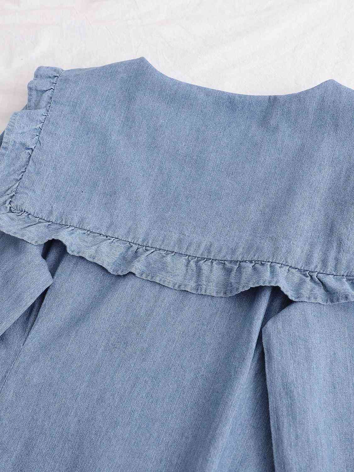 Retro blue Denim Long sleeve Dress Vintage Woman Ruffles Peter Pan Collar Ruched Single-breasted Button Shirt Short Dresses 210429