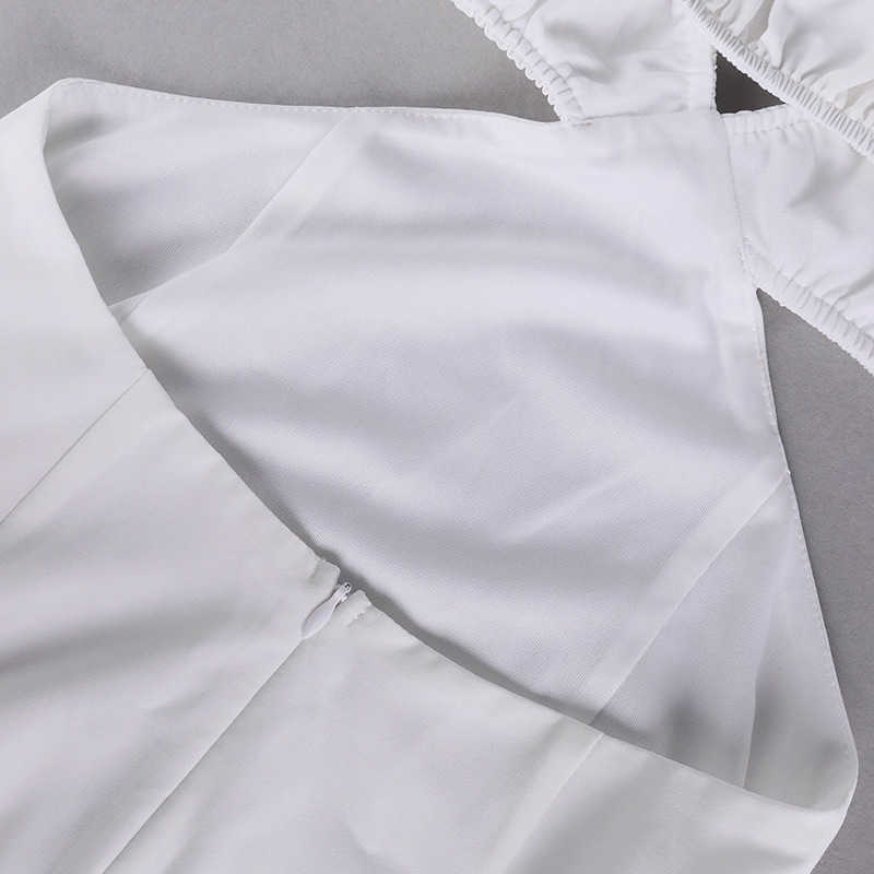 DEAT Women Puff Sleeve Hollow Out Open Back Buttocks Dress Solid Color Deep V-neck Sexy Fashion Spring Summer 11B597 210709