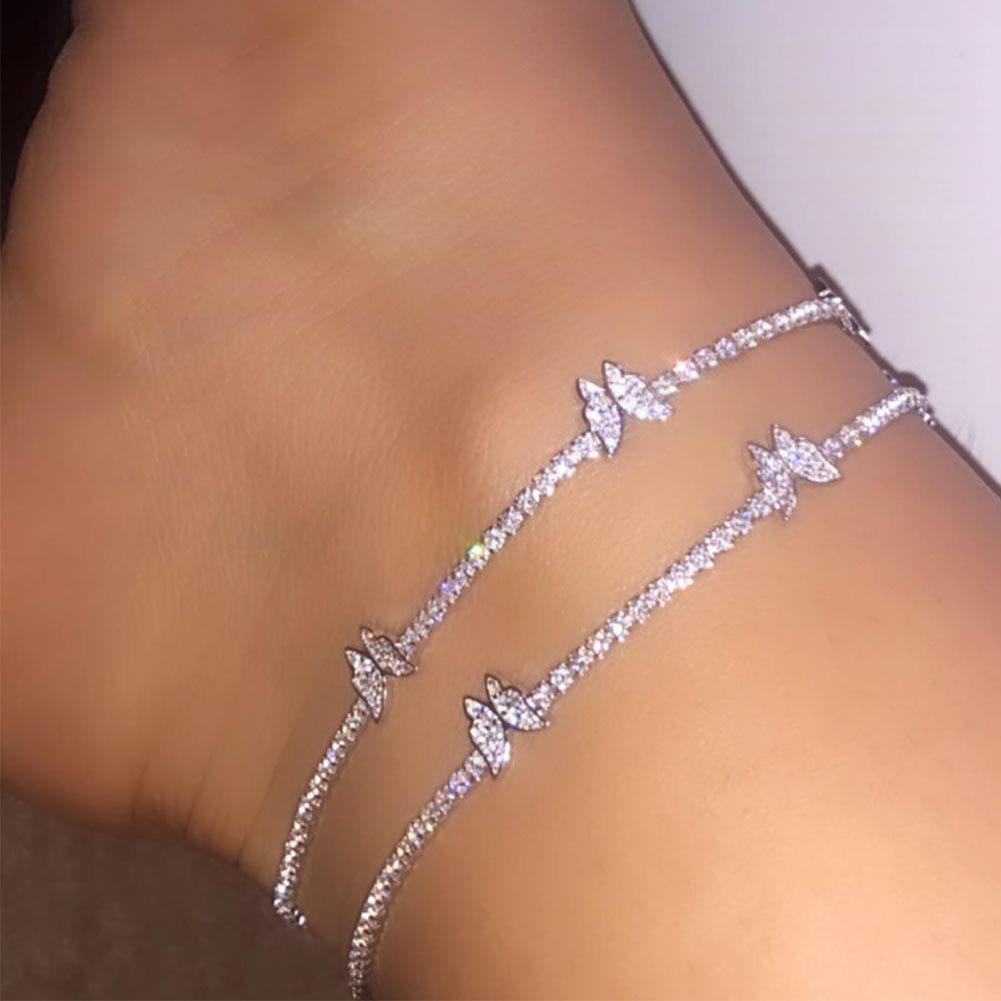 Trendy Shining Cute Butterfly Crystal Tennis Anklet For Women Gold Silver Color Boho Sandals Rhinestone Foot Ankle Chain Jew