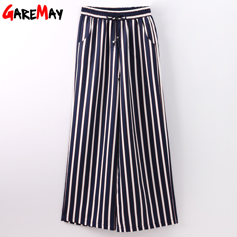Wide Leg Pants Women Summer Chiffon Colorful Blue Striped Female Loose Trousers With Stripes Pantalon Large Femme 210428