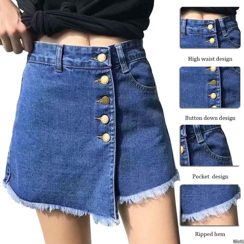 Women's Irregular Button Denim Shorts High Waist Slim Solid Color Pocket Jeans Skirt Summer Fashion Casual