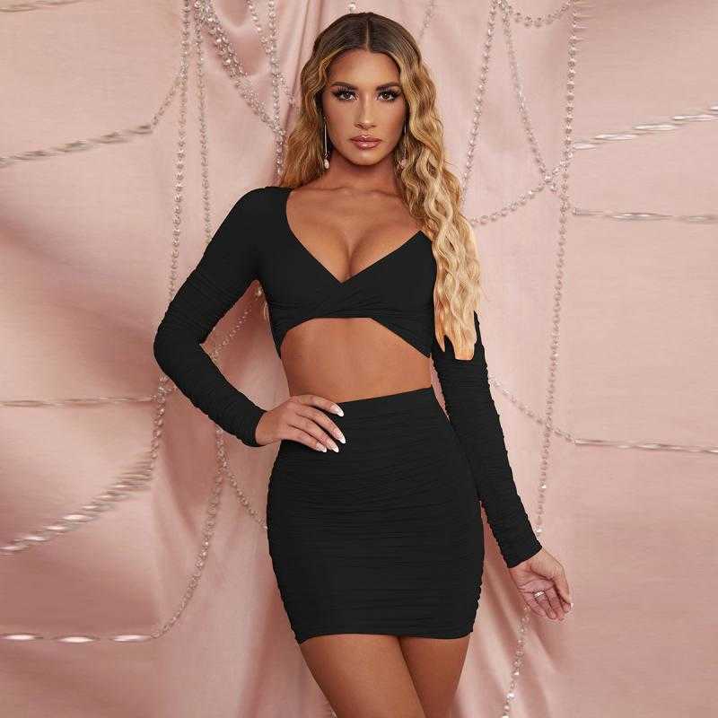 Colysmo Solid Ruched 2 Pieces Set Women Long Sleeve V Neck Tops Mini Skirt Bodycon Sexy Party Night Two Piece 210527
