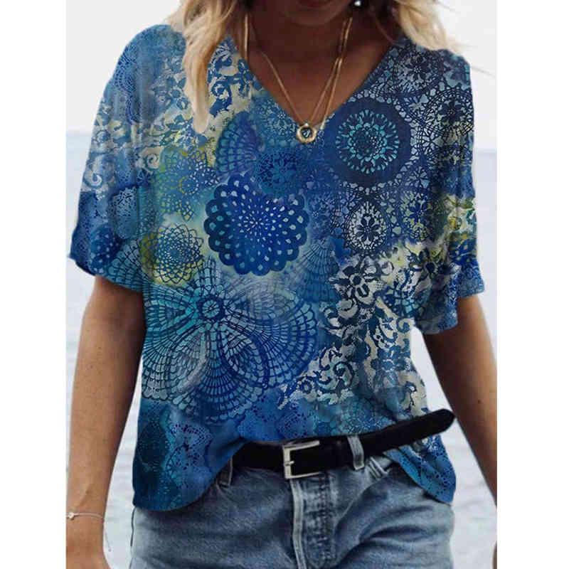 Harajuku Streetwear Tshirts Summer Vintage Printed Tops Women Casual Short Sleeve V-neck Plus Size Tee Shirt Femme Lady Clothes 210406