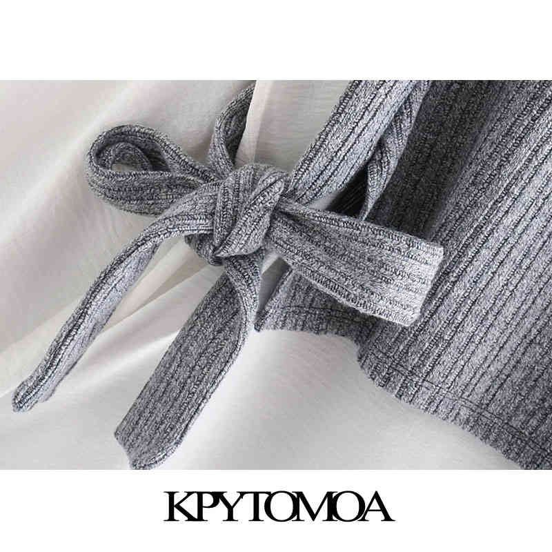 KPYTOMOA Women Fashion With Bow Tied Patchwork Loose Blouses Vintage Long Sleeve Elastic Trim Female Shirts Chic Tops 210401