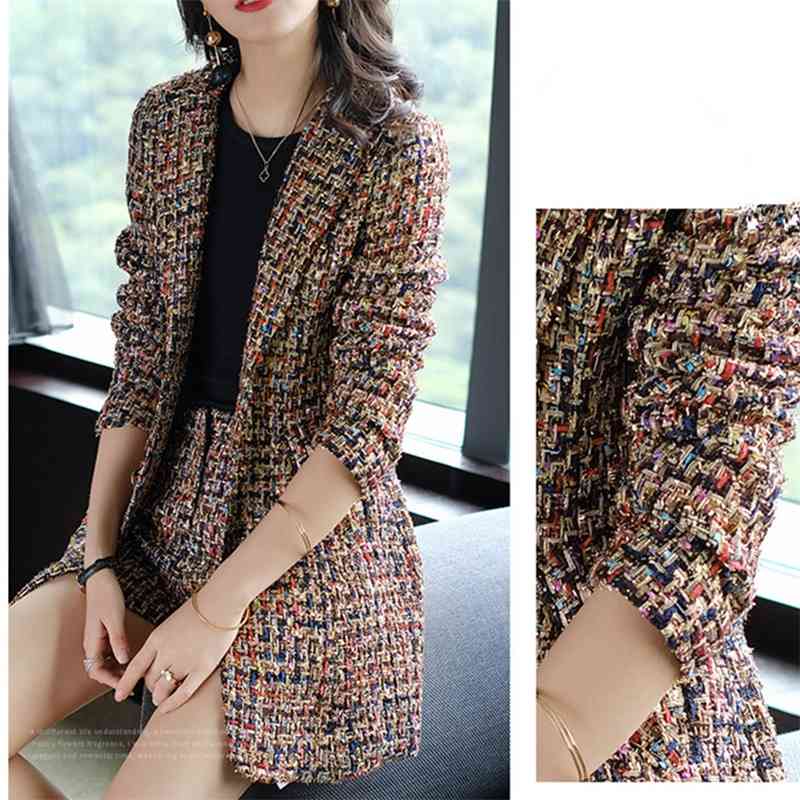 Fashion Autumn Winter Women Tweed Wool Jacket Coat And High Waist Shorts Suit Two Piece Sets Outfit 210520