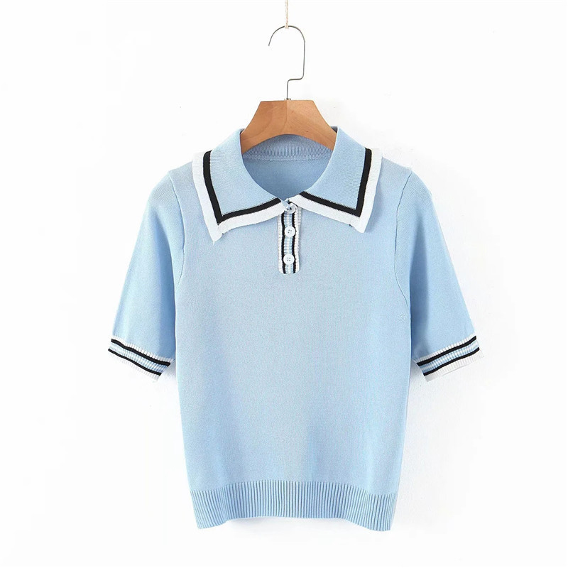 Women Casual Striped White Knitted Tshirt Spring-Summer Short Sleeve Turn-Down Collar Tops Fashion T-shirts 210421