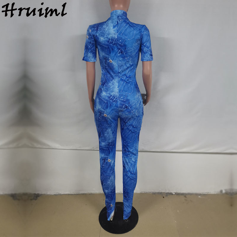 Women Jumpsuits for Summer Fashion Short Sleeve Stand Collar Zipper Skinny Body Suits Bodycon Overalls Outfit 210513