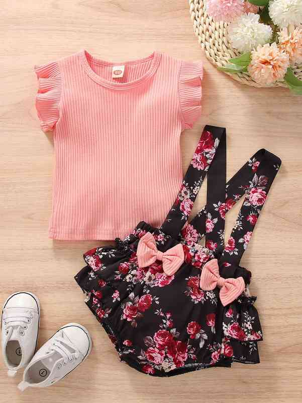 Baby Ruffle Trim Tee & Floral Print Bow Front Crisscross Pinafore Shorts SHE