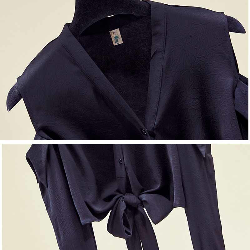 Long Sleeve Chiffon Shirt Solid Black Off-shoulder Blouse Women Autumn Lace-up Waist Tops Bow Tie Cardigan Shirts 11593 210508