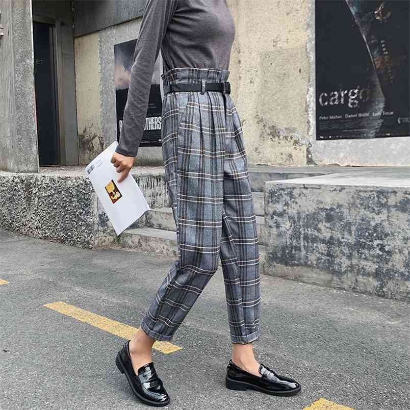 Autumn Korea Fashion Women High Waist Loose Trausers All-matched Casual Vintage Plaid Pants Femme Harem Plus Size V15 210512