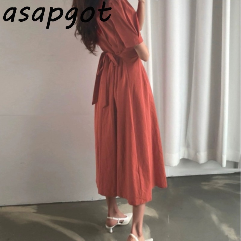 Minimalist Korean Chic Slim Lace Up Waist Solid Plus Size White Puff Sleeve A Line Cotton Linen Dress Women Vestido De Mujer 210429