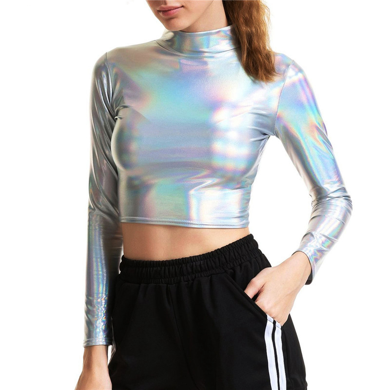 Women Liquid Metallic Long Sleeve Crop Top Punk Turtleneck Holographic T Shirt Cropped Tops For Rave Club Dance Mock Neck Shirt 210406