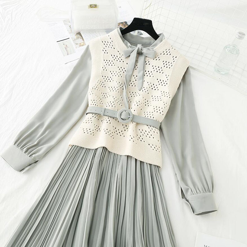 Two Piece Set Women Elegant Pleated Long Dress Knitted Vest + Long sleeve Bow Bandage Dress Fashion Suit 210521