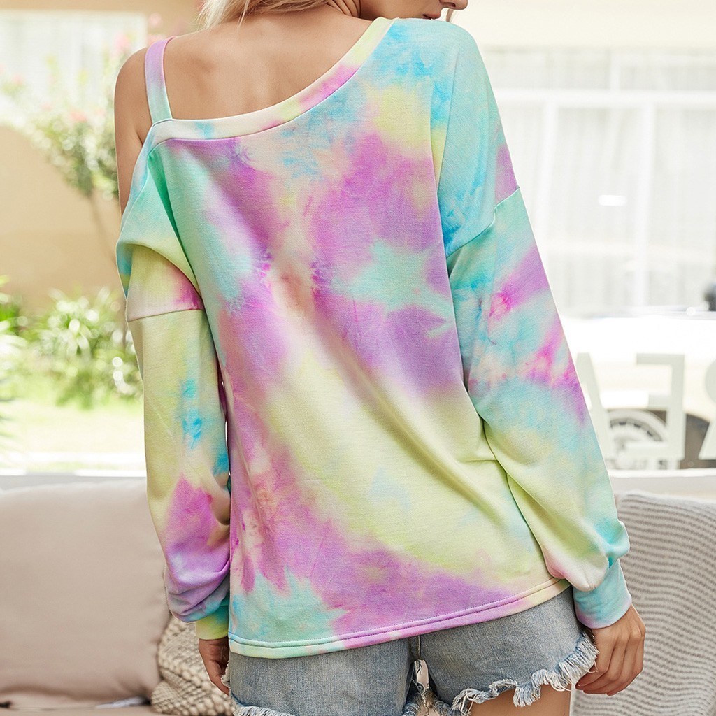 Wonder Aesthetic Sweatshirt Fashion Women Loose Round Neck Long Sleeve Off Shoulder Tie Dye Hoodie Tops 210510