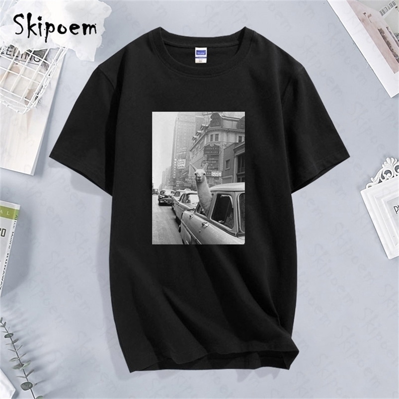 Fashion Short Sleeve TShirt Llama In A Taxi On Times Square Printed 100% Cotton Top Tees Casual O Neck T-Shirt Unisex TShirt 210406