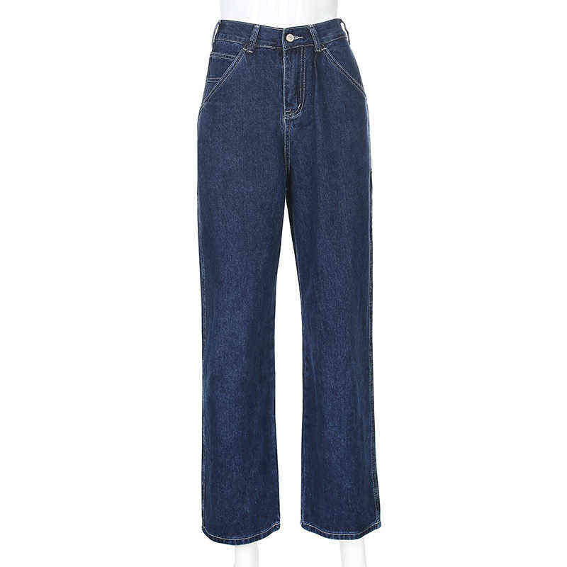 Retro Blue Woman Jeans Causal Loose Baggy High Waist Skinny Pockets Cargo Pants Zipper Button Wide Leg Jeans Mujer Pantalones 211112
