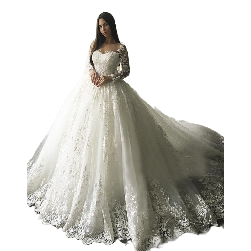 Luxury Lace A Line Wedding Dress For Bride Long Sleeves Country Chapel Garden Tulle Wedding Gowns Back Buttons Lace-Up Plus Size Bridal Dresses 2022 V