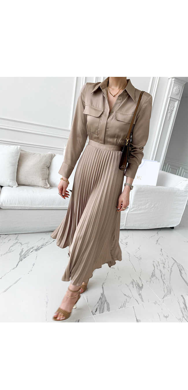 Korejpaa Women Dress Chic French Retro Lapel Single-breasted Printed Elegant Office Women's Pleated Dress Long Skirt Female 210526