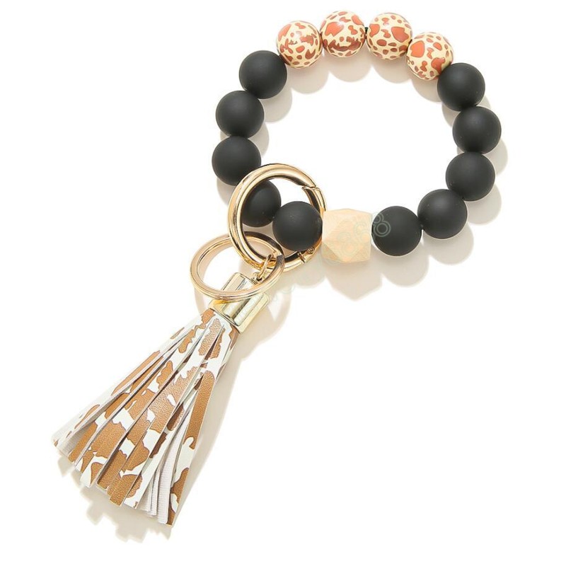 Leopard Frosted Wooden Bead Bracelet Strands Keychain Fashion Pattern Tassel Pendant Bracelets Women Girl Key ring Wrist Strap 7 Colors