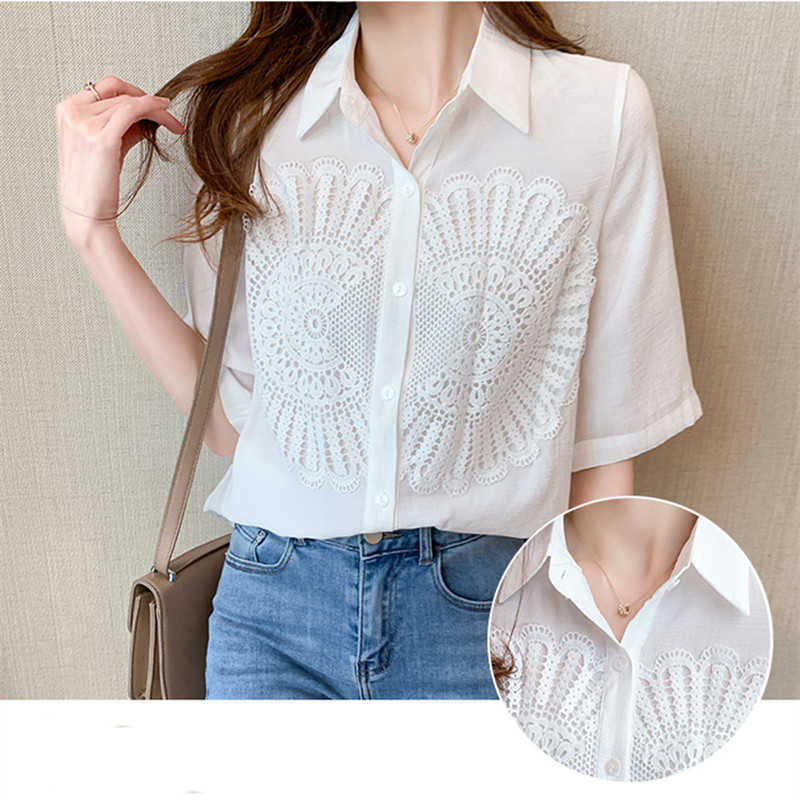 Korean Women Shirt Chiffon Blouses for Half Sleeve Shirts Female White Lace Embroidery Blouse Tops Plus Size Woman 210604