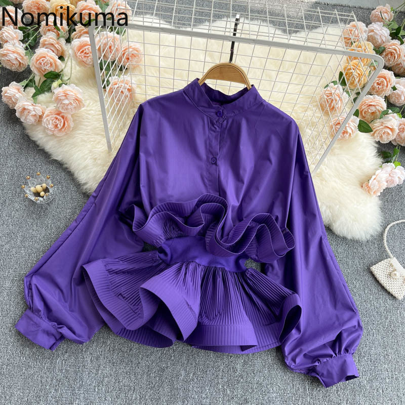 Nomikuma Women Blouse Korean Pleated Ruffle Slim Waist Top Shirts Elegant Lantern Sleeve Stand Neck Blusas Camisas Mujer 6G980 210427