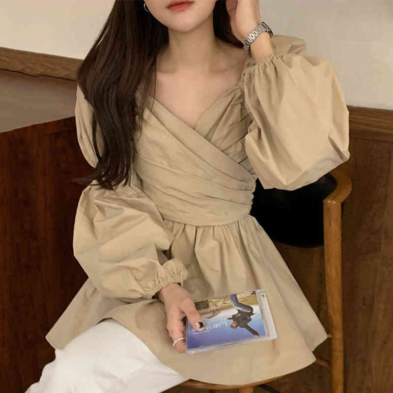 Nomikuma Vintage Elegant V-neck Blouse Shirt Causal Cross Pleated Slim Waist Women Tops Spring New Puff Sleeve Blusas 6E025 210427