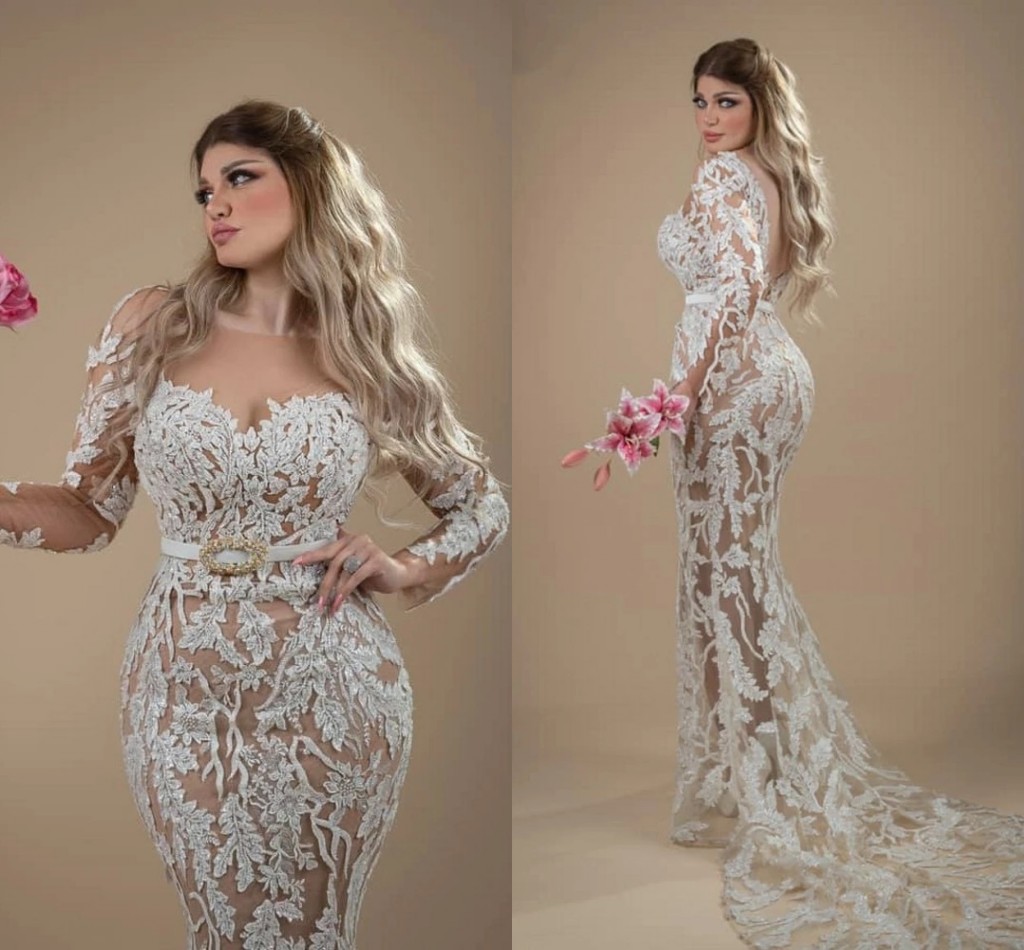 Plus Size Mermaid Arabic Wedding Dresses 2022 Modest Lace Applique Sequin Backless Court Train Long sleeve bridal gown