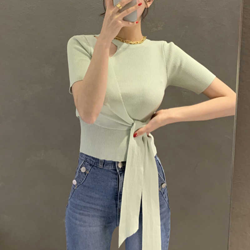 Korejpaa Women Sweater Summer Korean Gentle Round Neck Hollow Slim Fit Waist Belt Irregular Thin Ice Silk Knitted Pullovers 210526