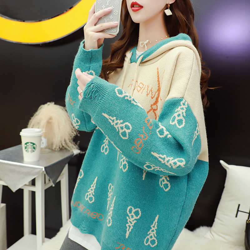 H.SA Women Hooded Sweater and Jumpers Loose Style Oversized Chic Jumpers Pull Femme Hiver Patchwork Winter Clothes Female 210716