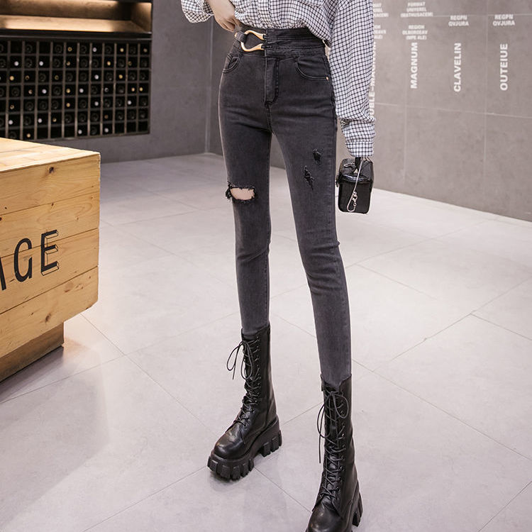 Kog711 Gray Web Celebrity Cultivate One'S Morality Spring High Waist Jeans Female Foot New Holes Show Tight Pencil Pan