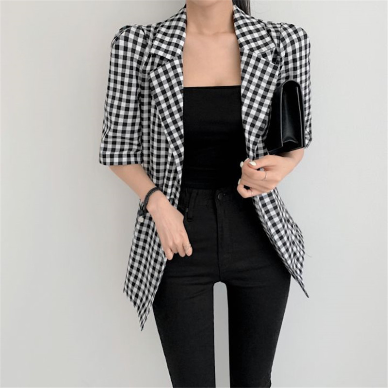 Vintage Plaid Suit Blazer Jacket Loose Elegant Summer Blazers Fashion Office Lady Short Sleeve Women Coat Tops 210421