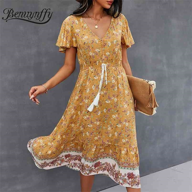 V-neck Short Sleeve Button Detail Bohemian Dresses Women Summer Vacation Casual Tassel Tie Waist Print Long Dress 210510