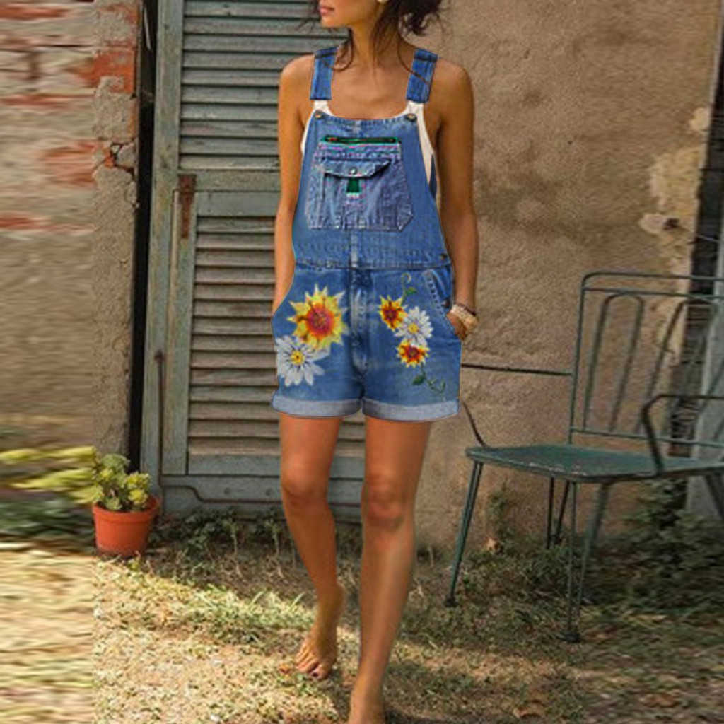 Women Denim Playsuit Sunflower Print High Waist Overalls Summer Fashion Casual Ladies Pocket Plus Size Jeans Shorts 210809
