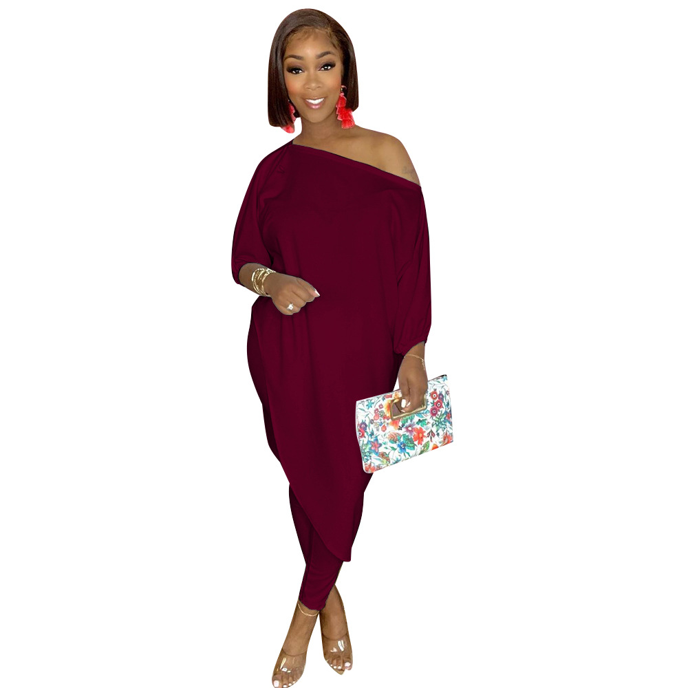 Women's Two Piece Sets Pants European and American hot-selling spot loose solid color oblique shoulder two-piece spring autumn models
