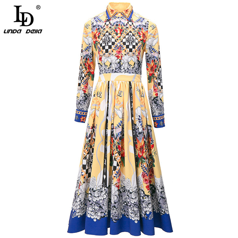 Summer Fashion Runway Vintage Party Dress Women's Long sleeve High waist Floral print Pleated Midi 210522