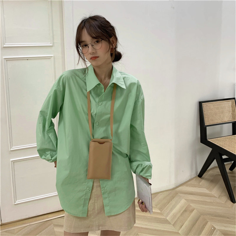 Solid Vintage Brief Office Lady Casual Streetwear Tops Retro Summer Chic Loose All Match Stylish Shirts Clothe 210421