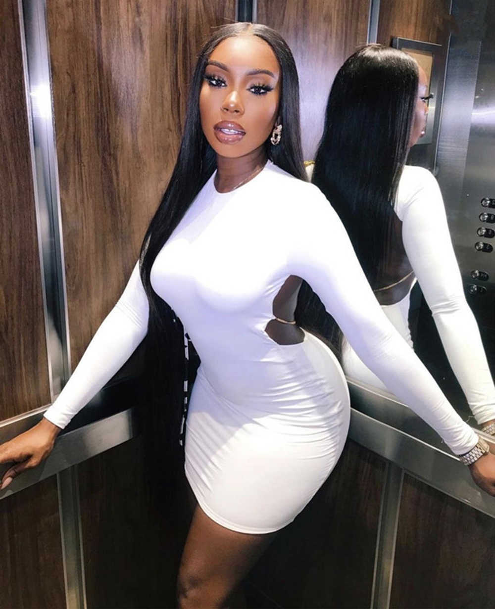 Summer Long Sleeve Green Black Runway Bandage Dress Ladies Sexy Hollow Halter Mini Club Celebrity 210525