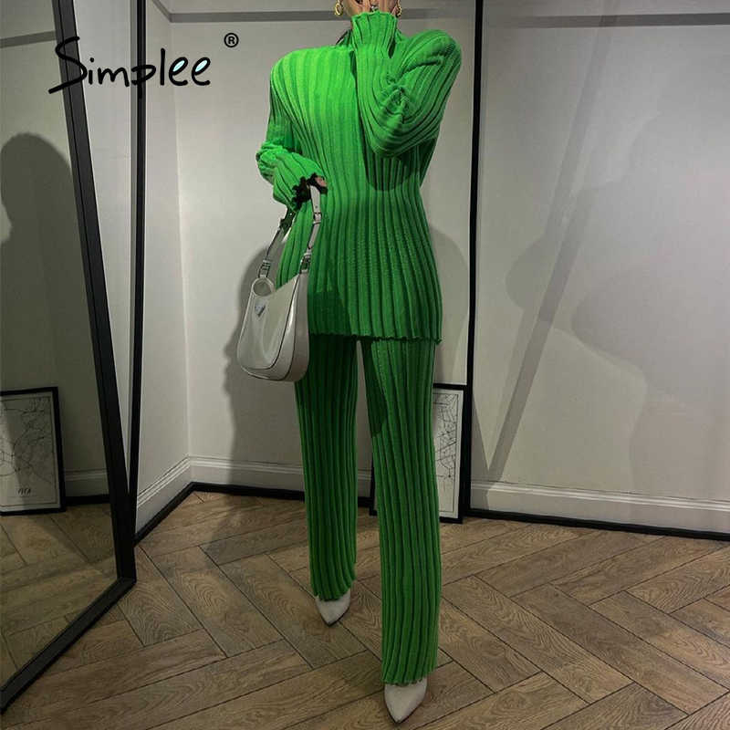 Vintage green turtleneck long sleeves knitted pant set High street winter two-piece set Female shoulder pads suit 211007