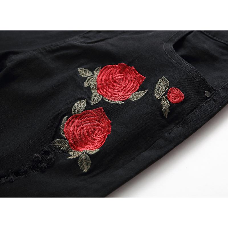Mens Ripped Jeans Embroidery Rose Men Light Blue Slim Fit Stretch Denim Skinny Black Pants Wash Straight 42 Men's