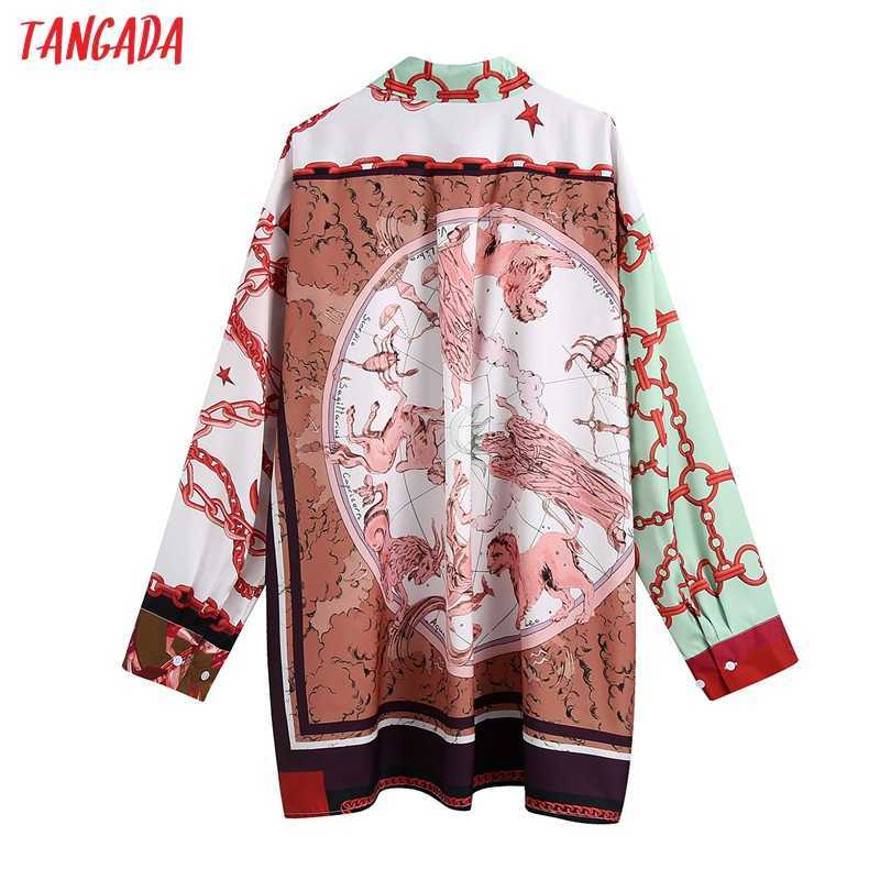 Tangada Women Vintage Chain Patchwork Print Oversize Irregular Blouse Ladies Chic Long Kimono Shirts Tops BE947 210609