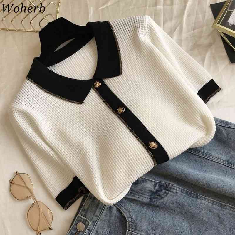 Ice Silk Knitted T Shirt Women Summer Hollow Out Pullover Tees Temperament Contrast Color Thin Knitwear Tops 210519