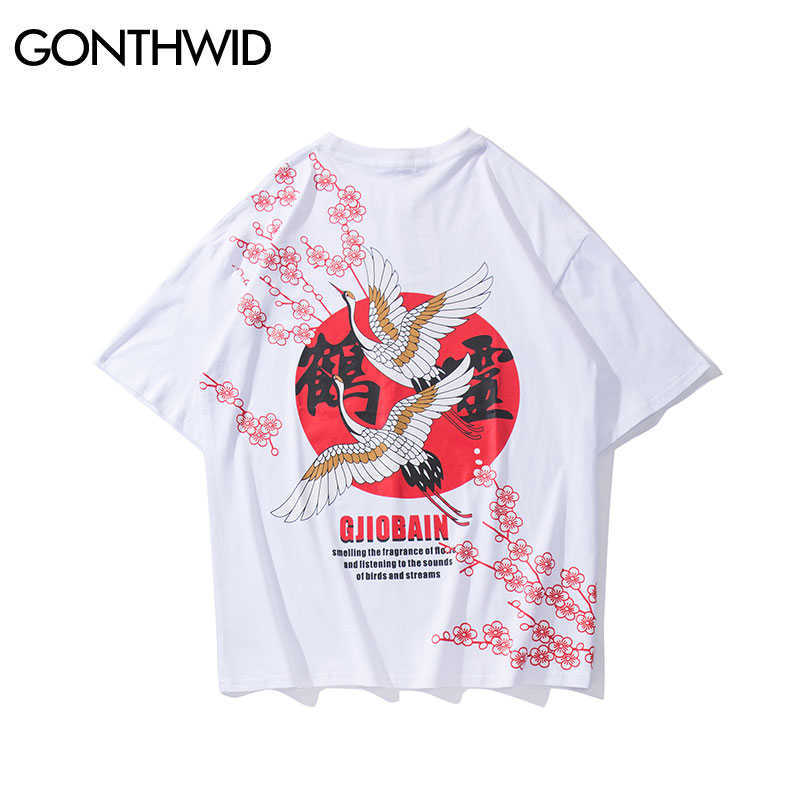 GONTHWID Chinese Crane Flowers Print Tshirts Harajuku Hip Hop Casual Streetwear T Shirts Tops Hipster Short Sleeve Tees Male 210629