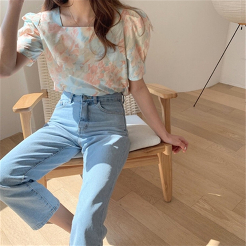 Abstract Printed Square Collar Korean Blouses Tops Women Puff Sleeve Elegant Fashion Shirts Fresh Chic Vintage Ladies Blusa 210514