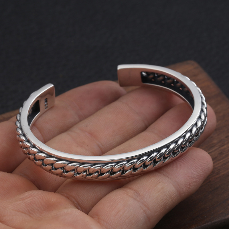 Genuine 925 Sterling Silver Jewelry Trend Fashion Men And Women Bracelet Thai Silver Simple Woven Open Bracelet 210507