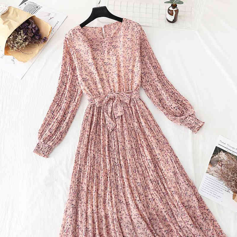 Spring Summer Women Pleated Chiffon Dress Floral Print Vintage O-neck Bow Midi Dress Elegant Party Long Sleeve Vestidos 210521
